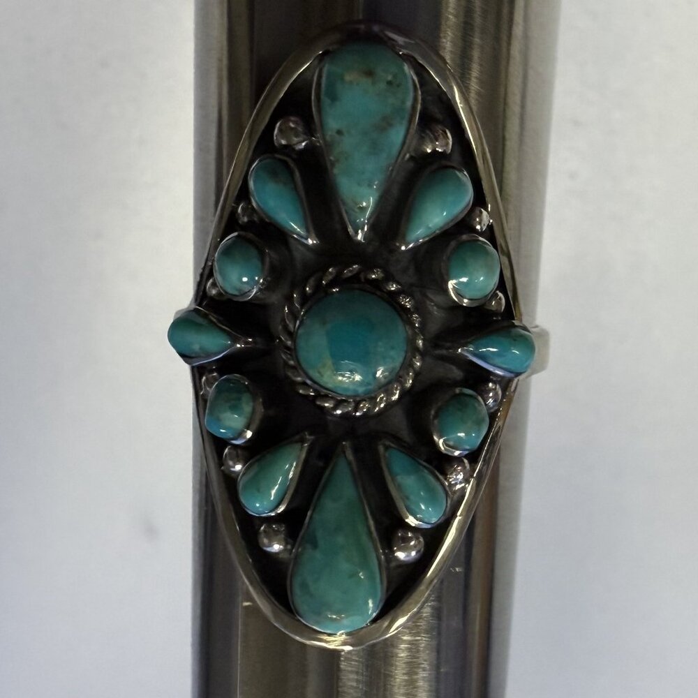 Vintage Turquoise Cluster Ring Size 11.25 Statement Southwestern Silver